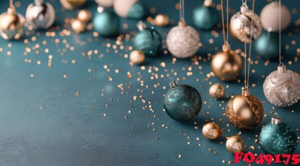 colorful christmas ornaments and glitter on dark background during holiday season