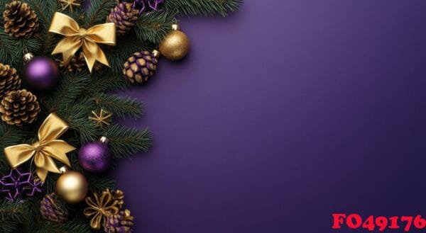 decorative holiday arrangement with pine branches and ornaments against a purple background