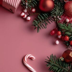 red christmas decorations on pink background