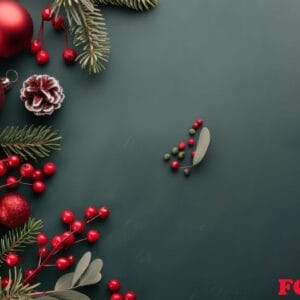 festive arrangement of christmas decorations and gifts on dark green background