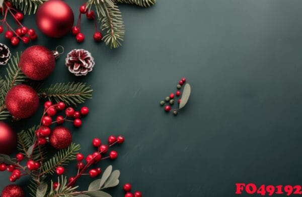 festive arrangement of christmas decorations and gifts on dark green background