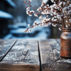 empty wooden table against a blurred winter landscape. village in the mountains. copy space. vertical format.