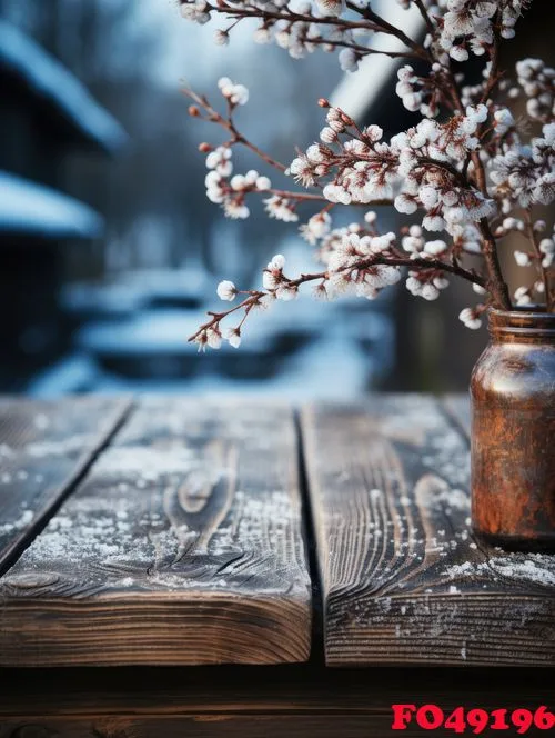 empty wooden table against a blurred winter landscape. village in the mountains. copy space. vertical format.