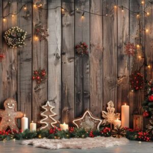 christmas trees and candles on wooden background