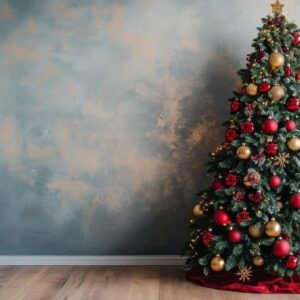 cozy holiday scene with a decorated christmas tree in red and gold ornaments