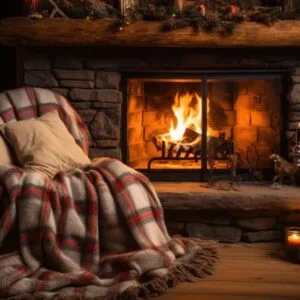 cozy winter background with a crackling fireplace, plush blankets