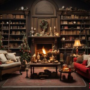 comfortable, illuminated living room with modern christmas decor generated by ai