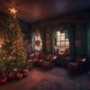 cozy living room with illuminated christmas tree, modern decor, and fireplace generated by ai