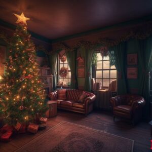 cozy living room with illuminated christmas tree, modern decor, and fireplace generated by ai