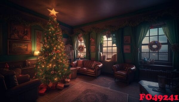 cozy living room with illuminated christmas tree, modern decor, and fireplace generated by ai