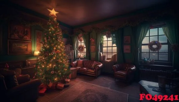 cozy living room with illuminated christmas tree, modern decor, and fireplace generated by ai