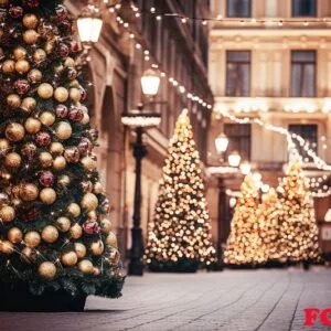 ai generative. christmas tree with cones on a city street illum