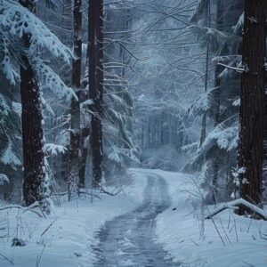 a snowy path winding through a dense winter forest.