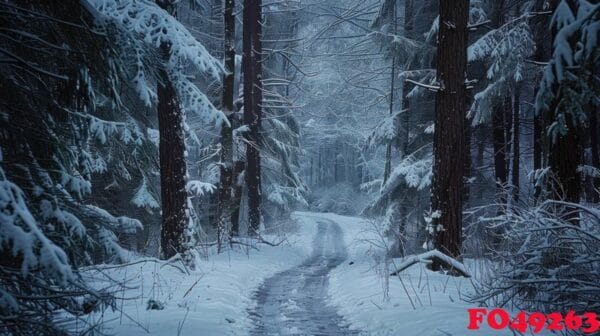 a snowy path winding through a dense winter forest.