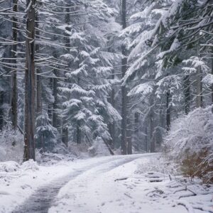 a snowy path winding through a dense winter forest.