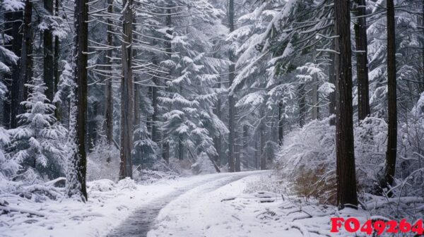 a snowy path winding through a dense winter forest.