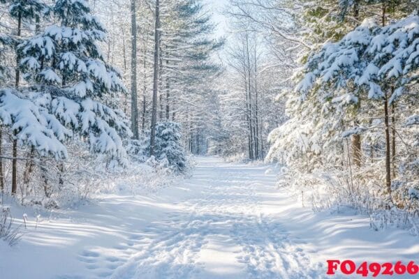 a tranquil forest path blanketed in fresh snow.