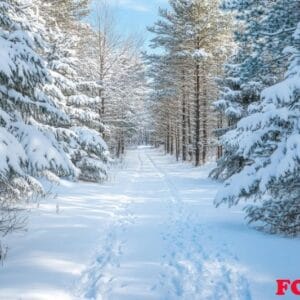 a tranquil forest path blanketed in fresh snow.