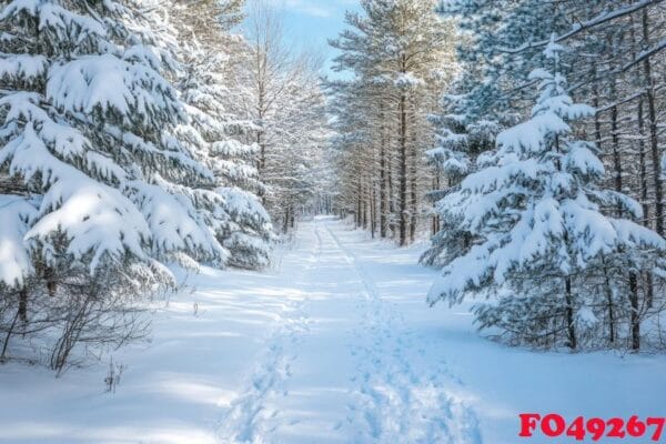 a tranquil forest path blanketed in fresh snow.