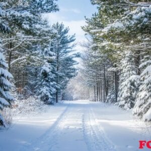 a tranquil forest path blanketed in fresh snow.