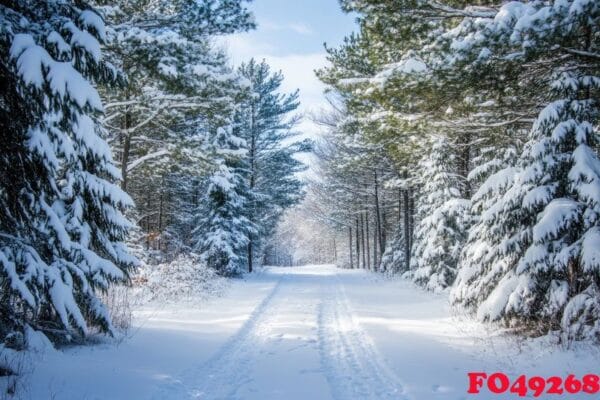 a tranquil forest path blanketed in fresh snow.