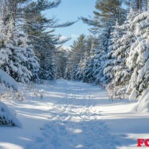 a tranquil forest path blanketed in fresh snow.