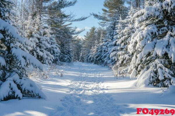 a tranquil forest path blanketed in fresh snow.