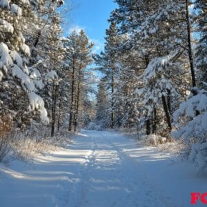 a tranquil forest path blanketed in fresh snow.