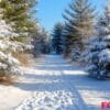 a tranquil forest path blanketed in fresh snow.