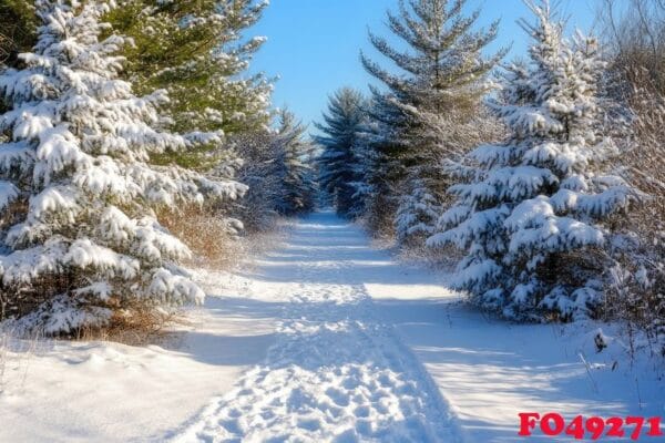 a tranquil forest path blanketed in fresh snow.