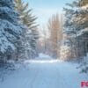 a tranquil forest path blanketed in fresh snow.