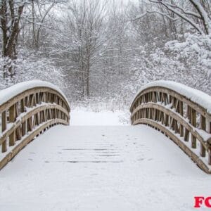 a quaint bridge covered in snow in the middle of a forest.