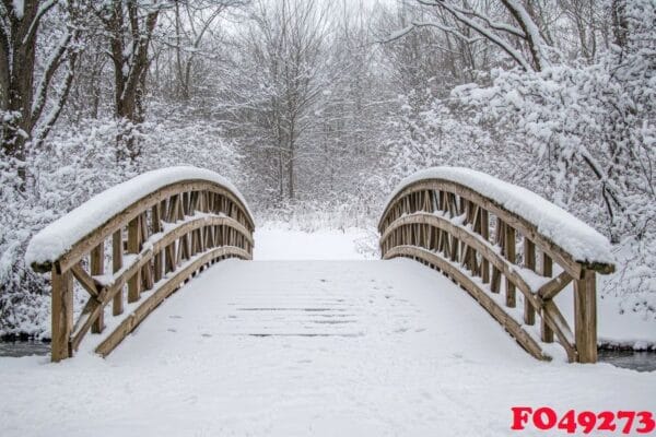 a quaint bridge covered in snow in the middle of a forest.