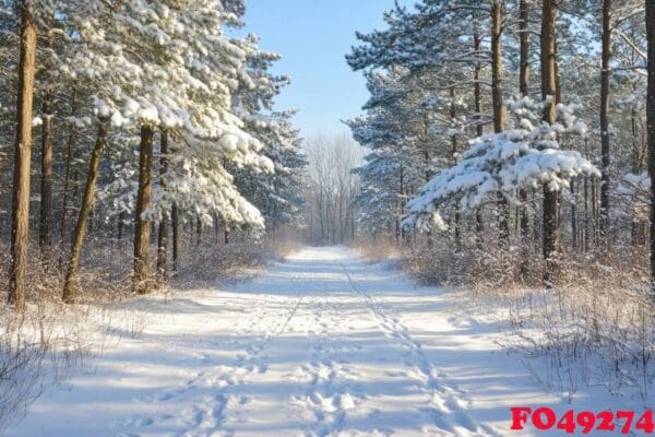 a tranquil forest path blanketed in fresh snow.