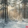 fresh snow covering a pine forest with sunlight filtering through the trees background nature