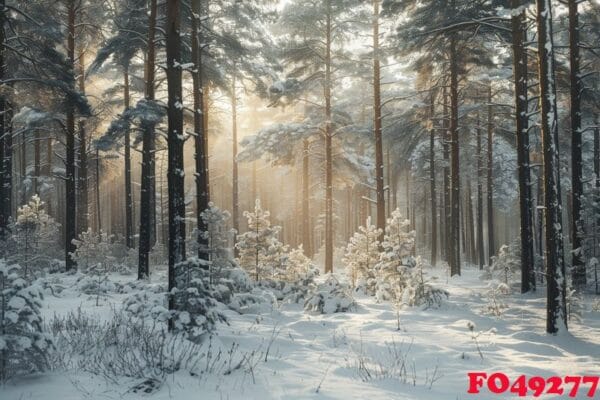 fresh snow covering a pine forest with sunlight filtering through the trees background nature