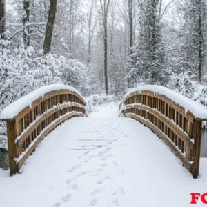 a quaint bridge covered in snow in the middle of a forest.