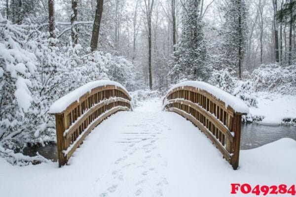 a quaint bridge covered in snow in the middle of a forest.