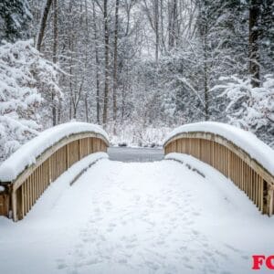 a quaint bridge covered in snow in the middle of a forest.