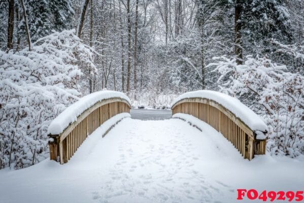 a quaint bridge covered in snow in the middle of a forest.