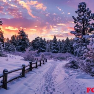 winter wonderland at twilight with fresh snow covering a forest