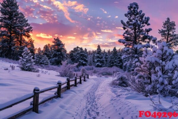 winter wonderland at twilight with fresh snow covering a forest