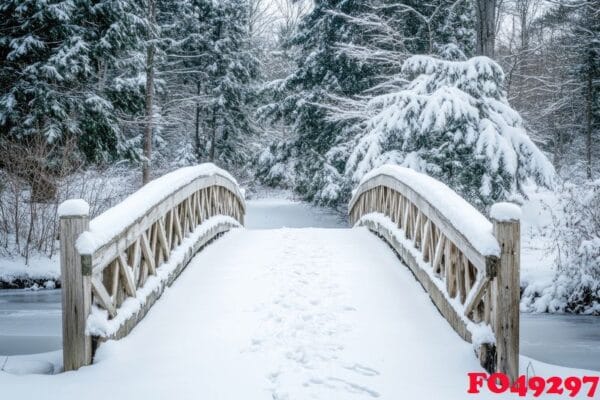 a quaint bridge covered in snow in the middle of a forest.