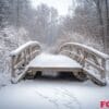 a quaint bridge covered in snow in the middle of a forest.