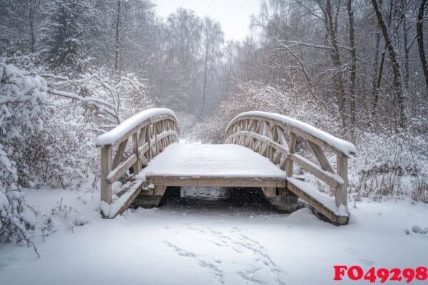 a quaint bridge covered in snow in the middle of a forest.