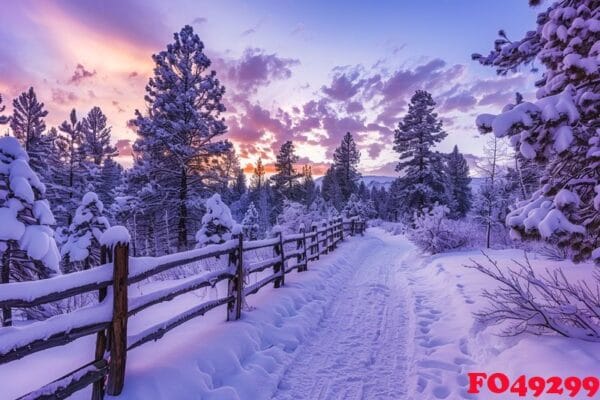 winter wonderland at twilight with fresh snow covering a forest