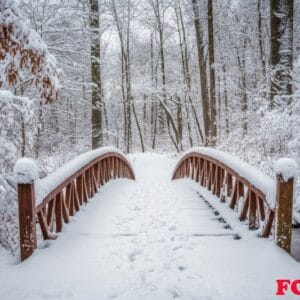 a quaint bridge covered in snow in the middle of a forest.