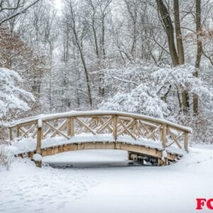 a quaint bridge covered in snow in the middle of a forest.