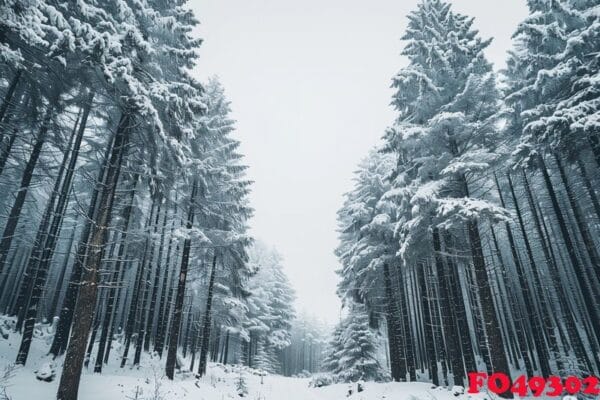 a snowy forest with tall trees and snow background