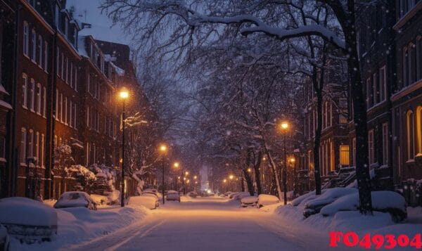 a snowy street with a few cars parked on the side